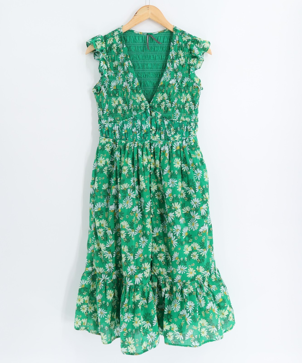 Anthropologie S Peregrine Smocked Cotton Midi Dress Flutter Sleeve Floral Green